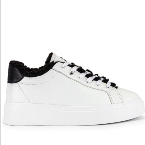 NWT Schutz KRISTIN White Leather Platform Sneakers Black Faux Fur Lining 8.5 - Picture 2 of 11